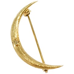 Vintage Yellow Gold Diamond Crescent Moon Brooch/Pin