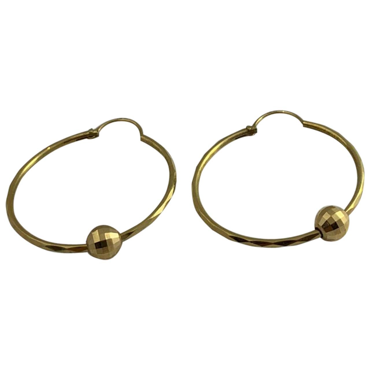 14 Karat Gold Diamond Cut Hoops with Ball 3.5 Grams For Sale