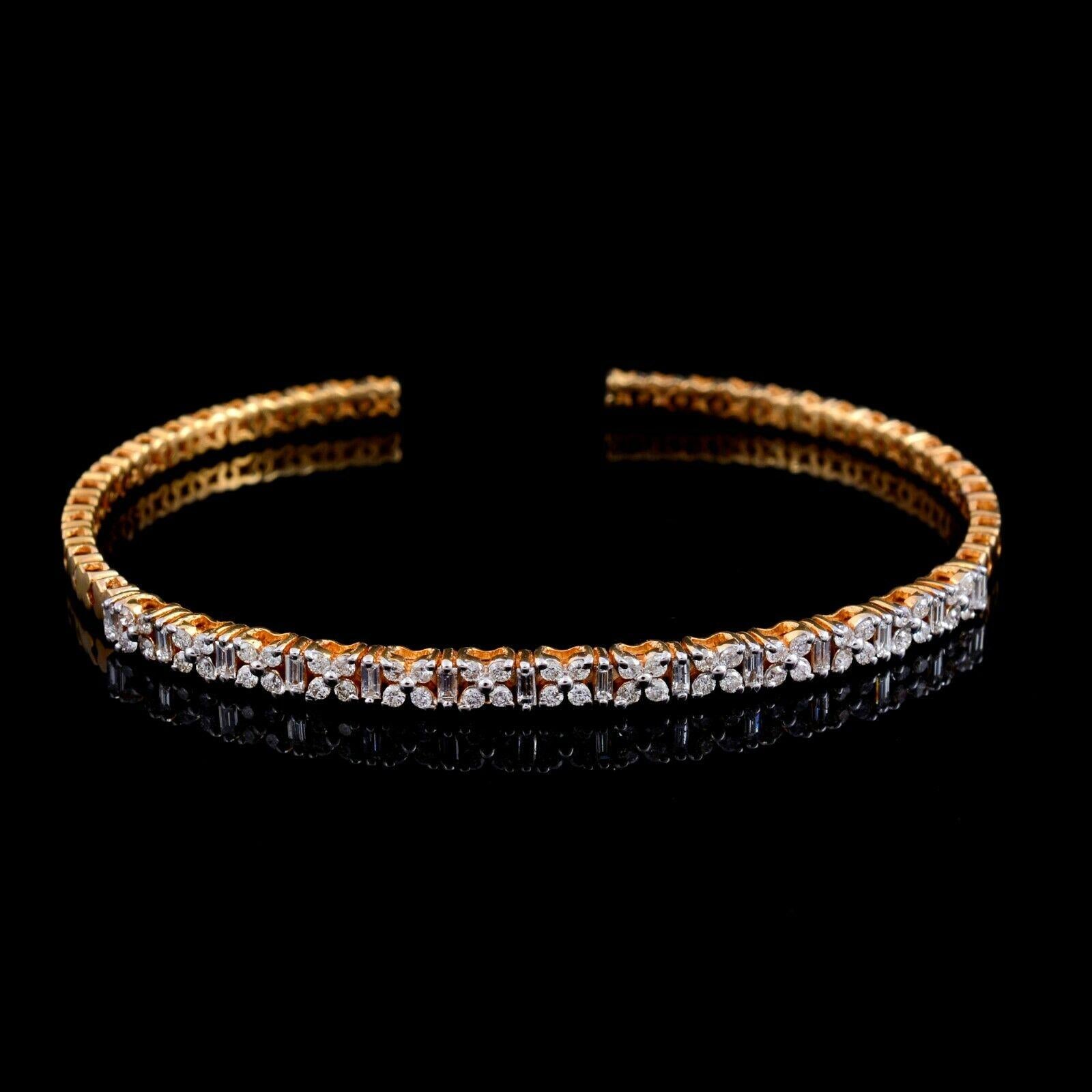 Mixed Cut 14 Karat Gold Diamond Floral Bangle Bracelet For Sale