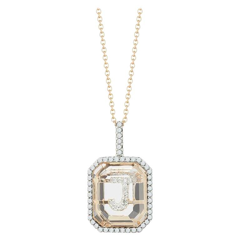 14 Karat Gold Diamond Frame Crystal Quartz Secret Diamond Initial Necklace For Sale