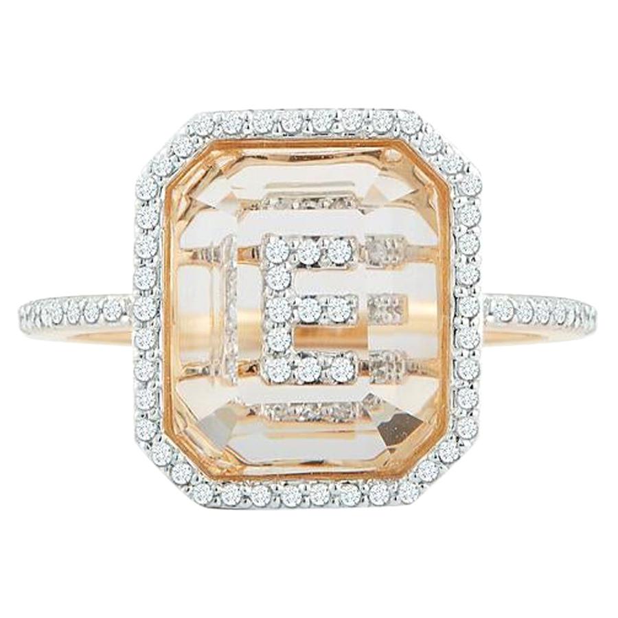 For Sale:  14 Karat Gold Diamond Frame Crystal Quartz Secret Diamond Initial Ring