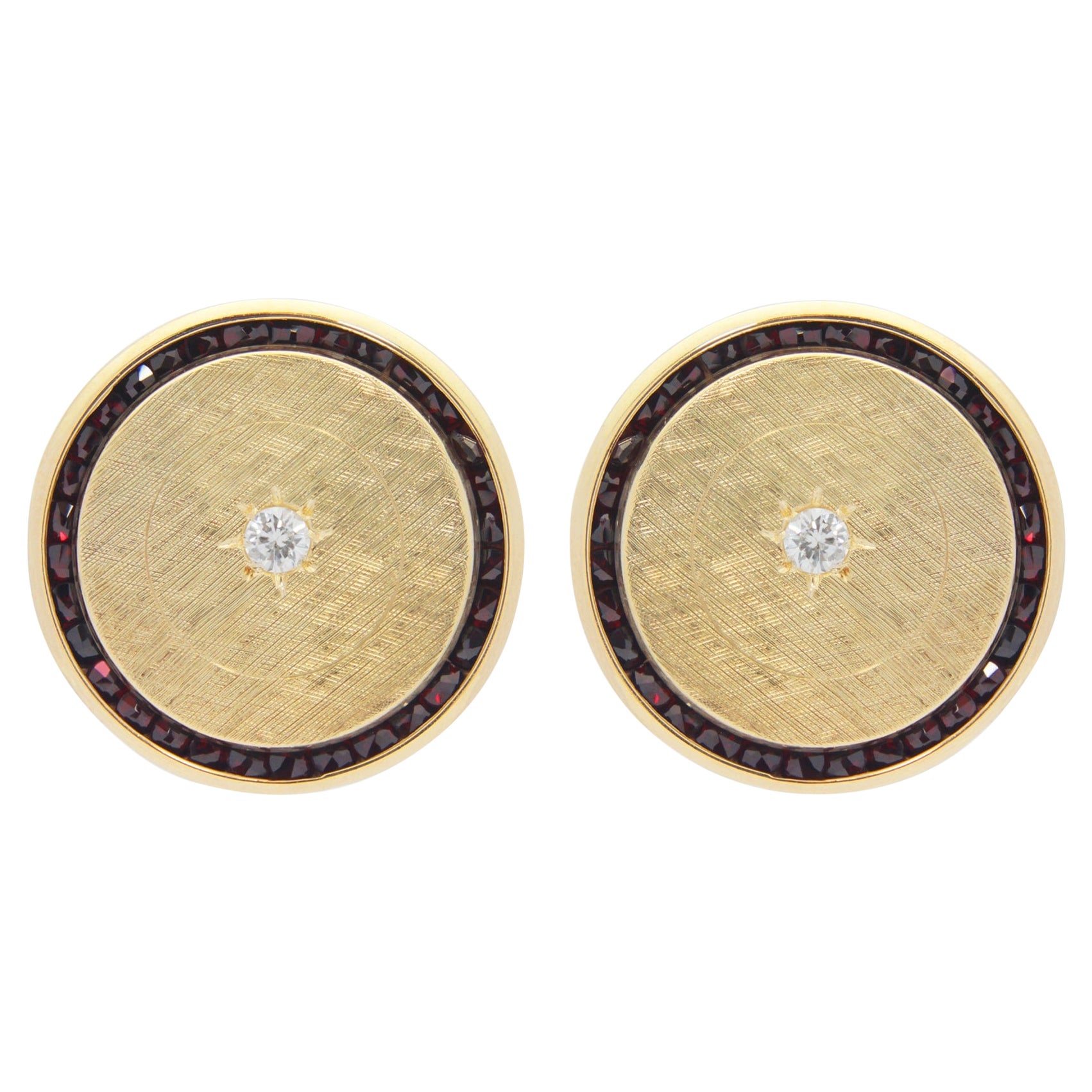 14 Karat Gold, Diamond 
Garnet Button Earrings