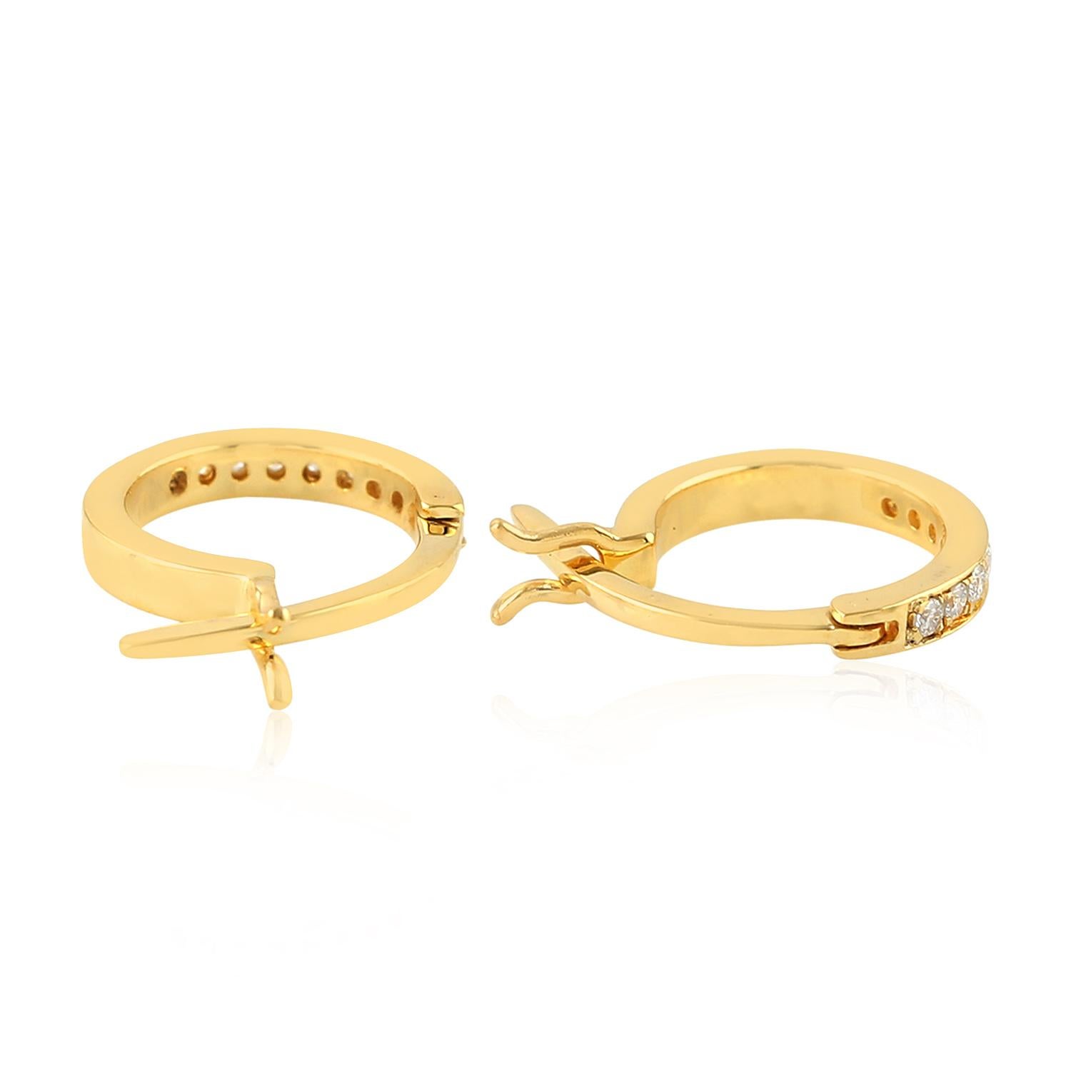 Contemporary 14 Karat Gold Diamond Gold Huggie Hoop Earrings For Sale