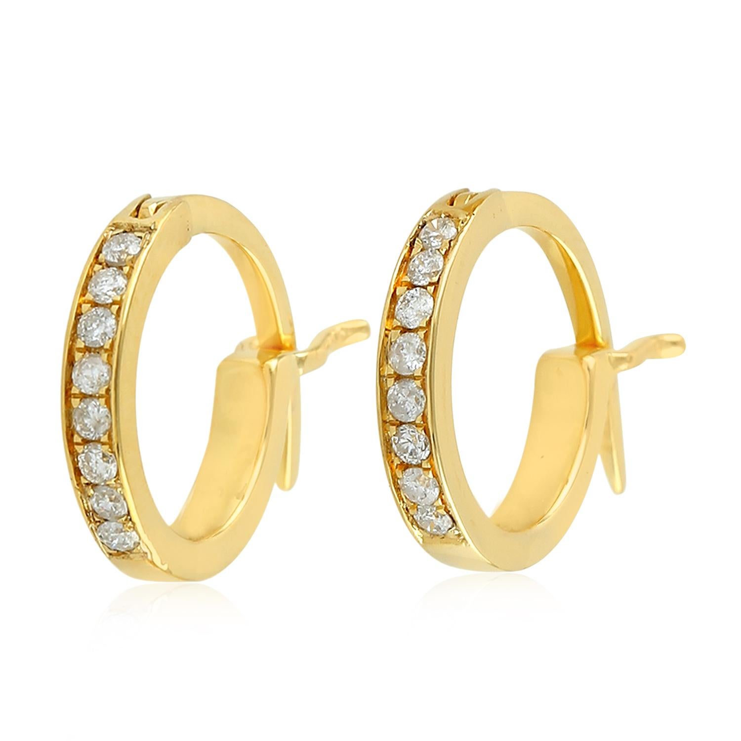 Single Cut 14 Karat Gold Diamond Gold Huggie Hoop Earrings For Sale