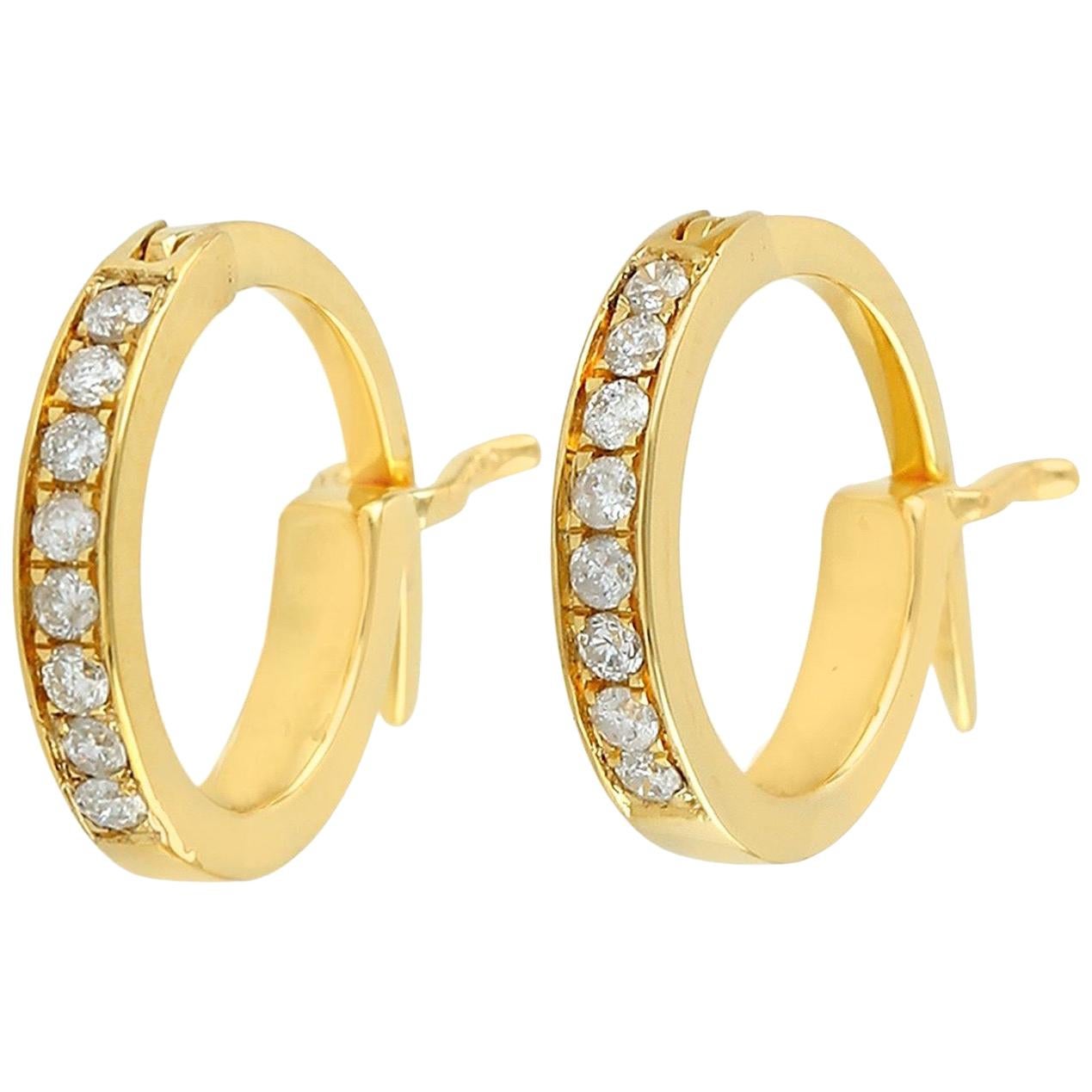 14 Karat Gold Diamond Gold Huggie Hoop Earrings For Sale
