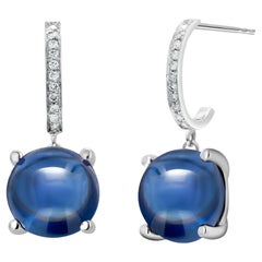 14 Karat Gold Diamond Hoop Earrings Matched Large Ceylon Cabochon Sapphires