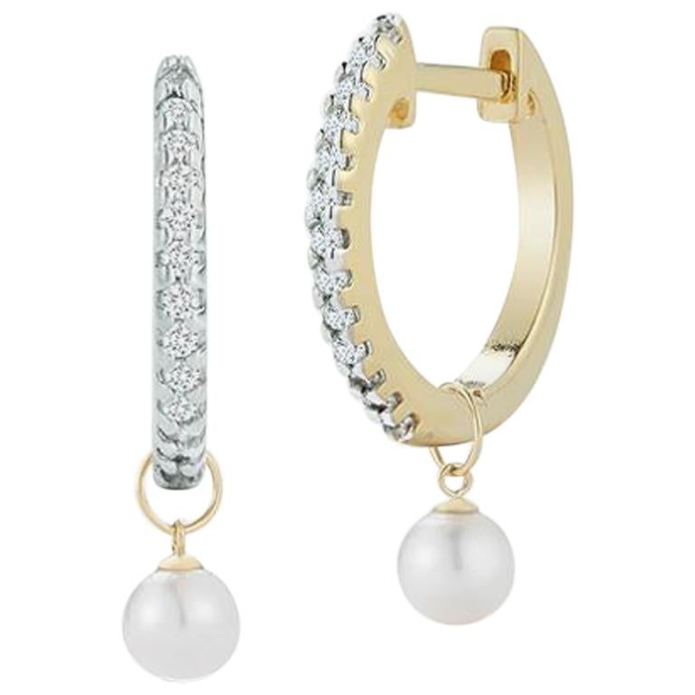 14 Karat Gold Diamond Huggie with Detachable Pearl Drops For Sale