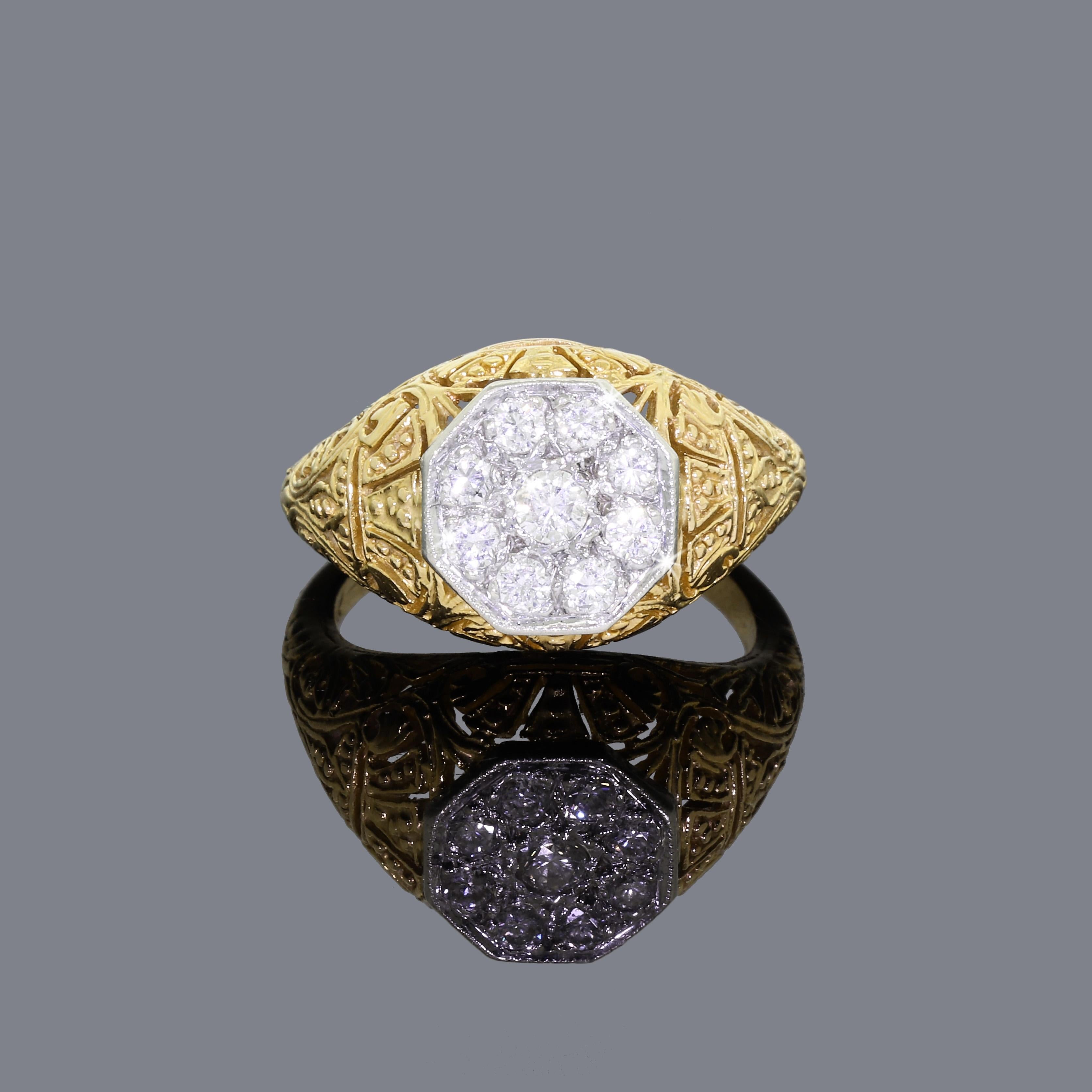 The is one of those rings that the moment that you see it in person, you can tell that it was very well made and a high quality piece.
Beautiful Art Deco style (but dates later) with intricate detailing covers the whole top half of the ring. At the