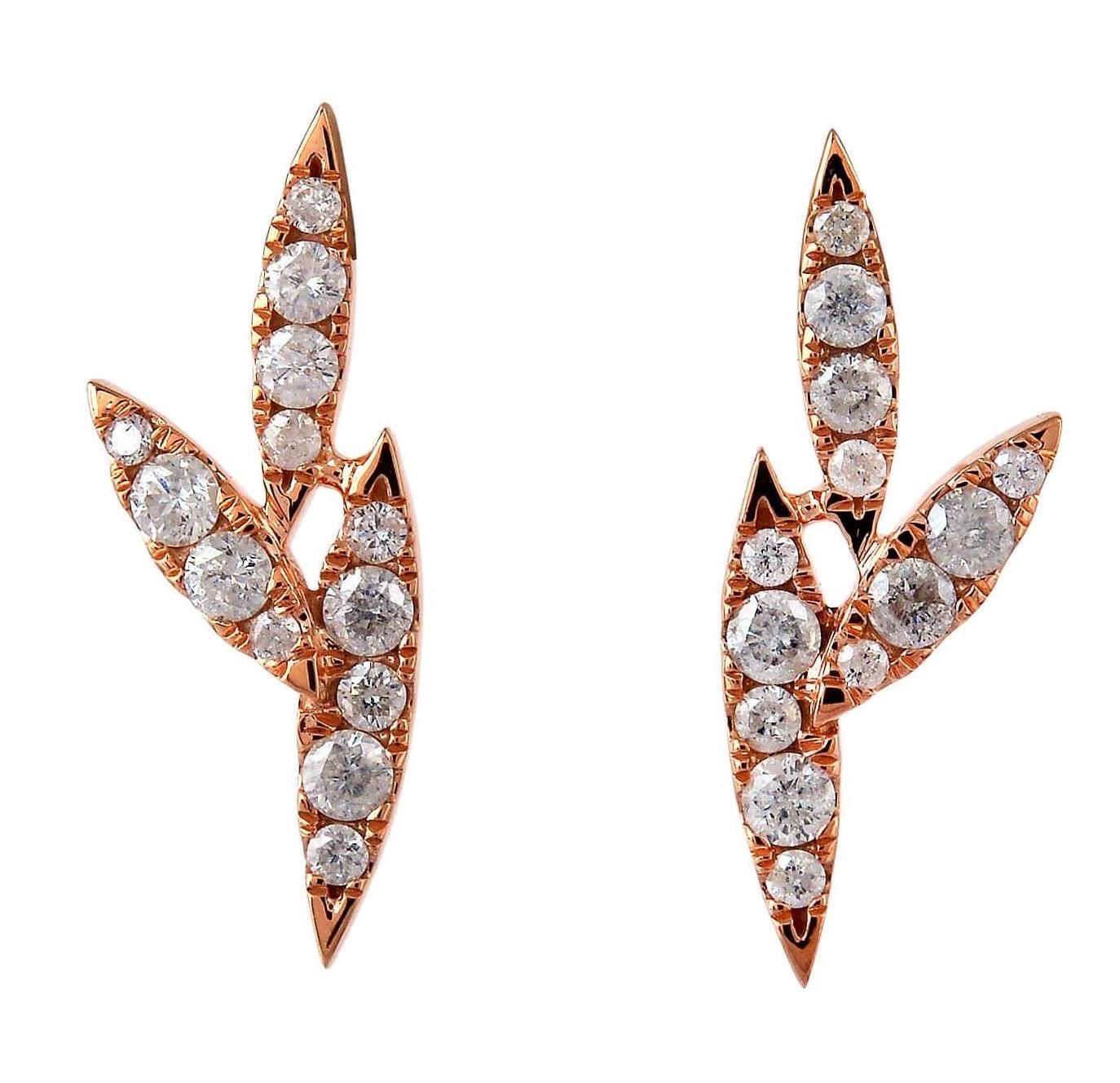 Modern 14 Karat Gold Diamond Leaf Stud Earrings For Sale