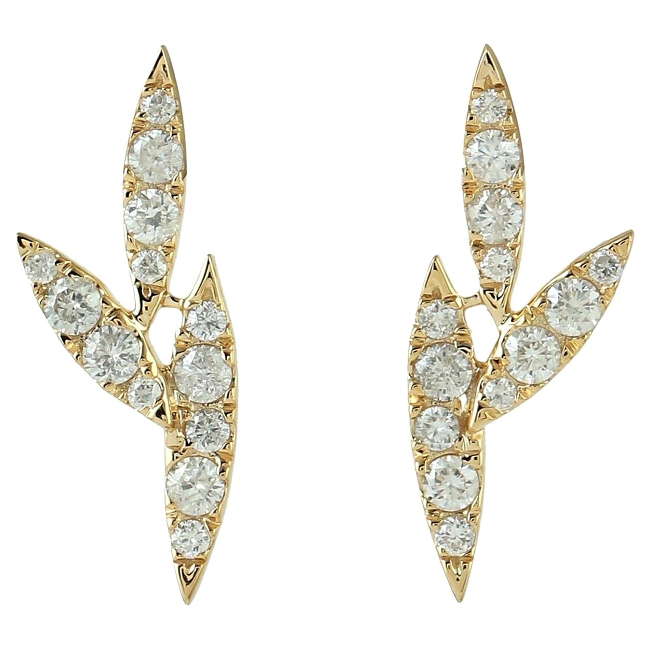 14 Karat Gold Diamond Leaf Stud Earrings For Sale