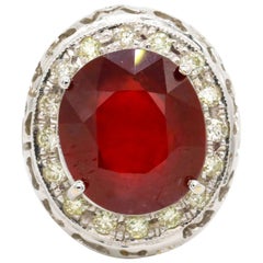 Antique 14 Karat Gold Diamond Pave 11.00 Carat Oval Cut Ruby Solitaire Cocktail Ring