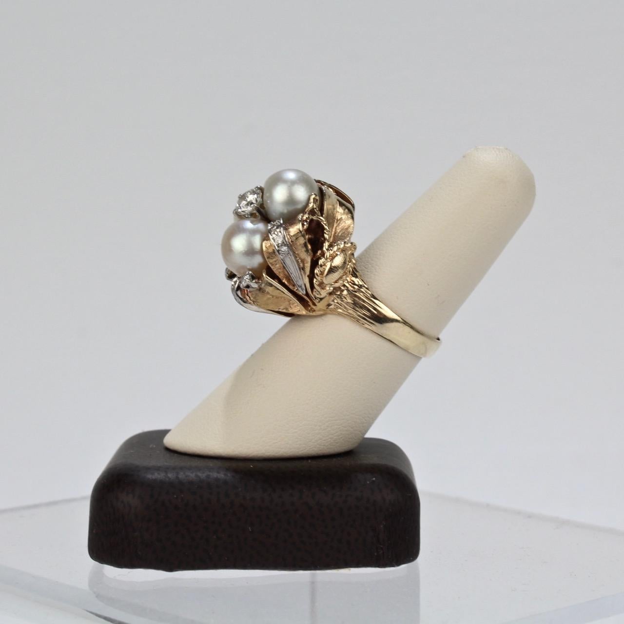 14 Karat Gold Diamond and Pearl Cluster Organic Modern Cocktail Ring 3