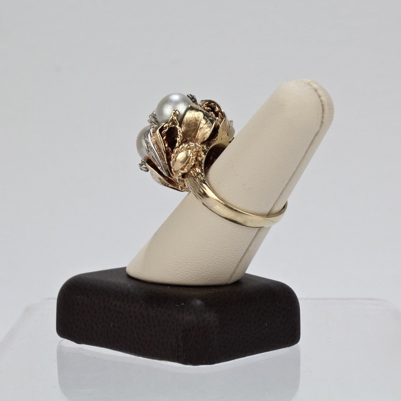 14 Karat Gold Diamond and Pearl Cluster Organic Modern Cocktail Ring 4