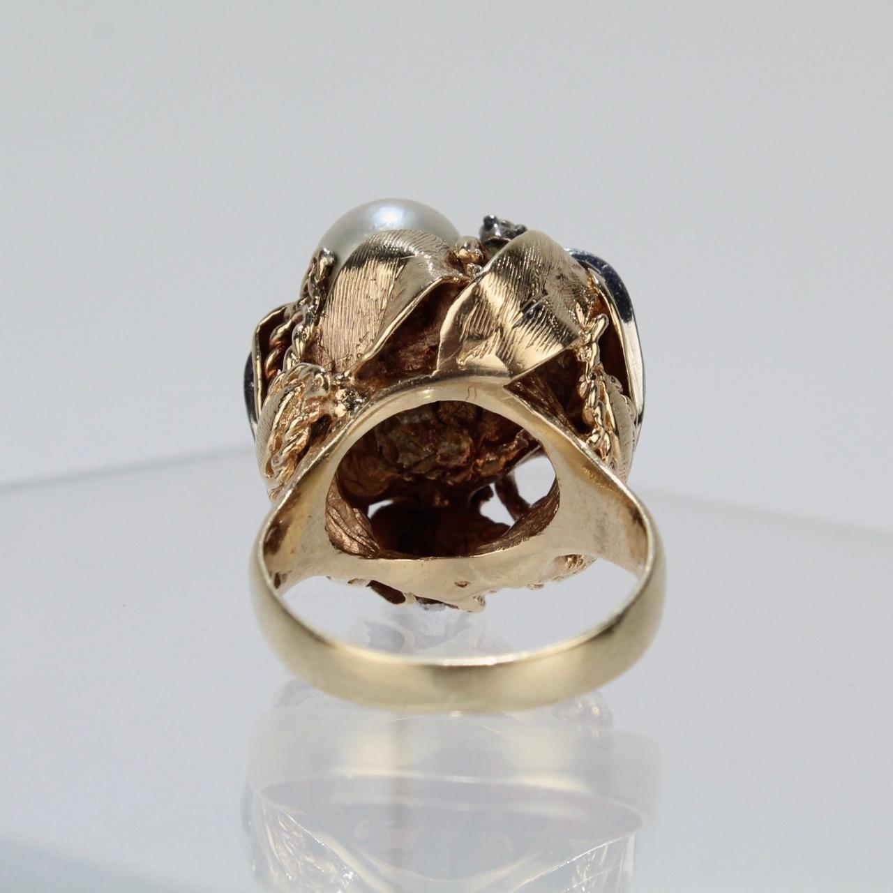 Round Cut 14 Karat Gold Diamond and Pearl Cluster Organic Modern Cocktail Ring