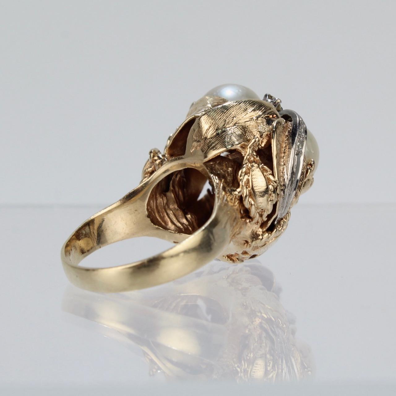 14 Karat Gold Diamond and Pearl Cluster Organic Modern Cocktail Ring In Good Condition In Philadelphia, PA