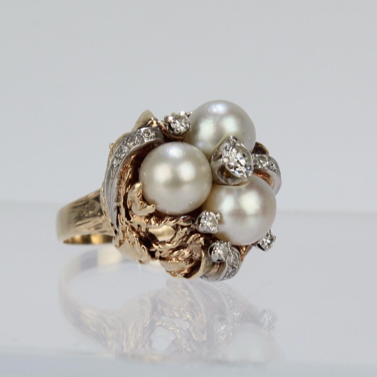 Women's 14 Karat Gold Diamond and Pearl Cluster Organic Modern Cocktail Ring