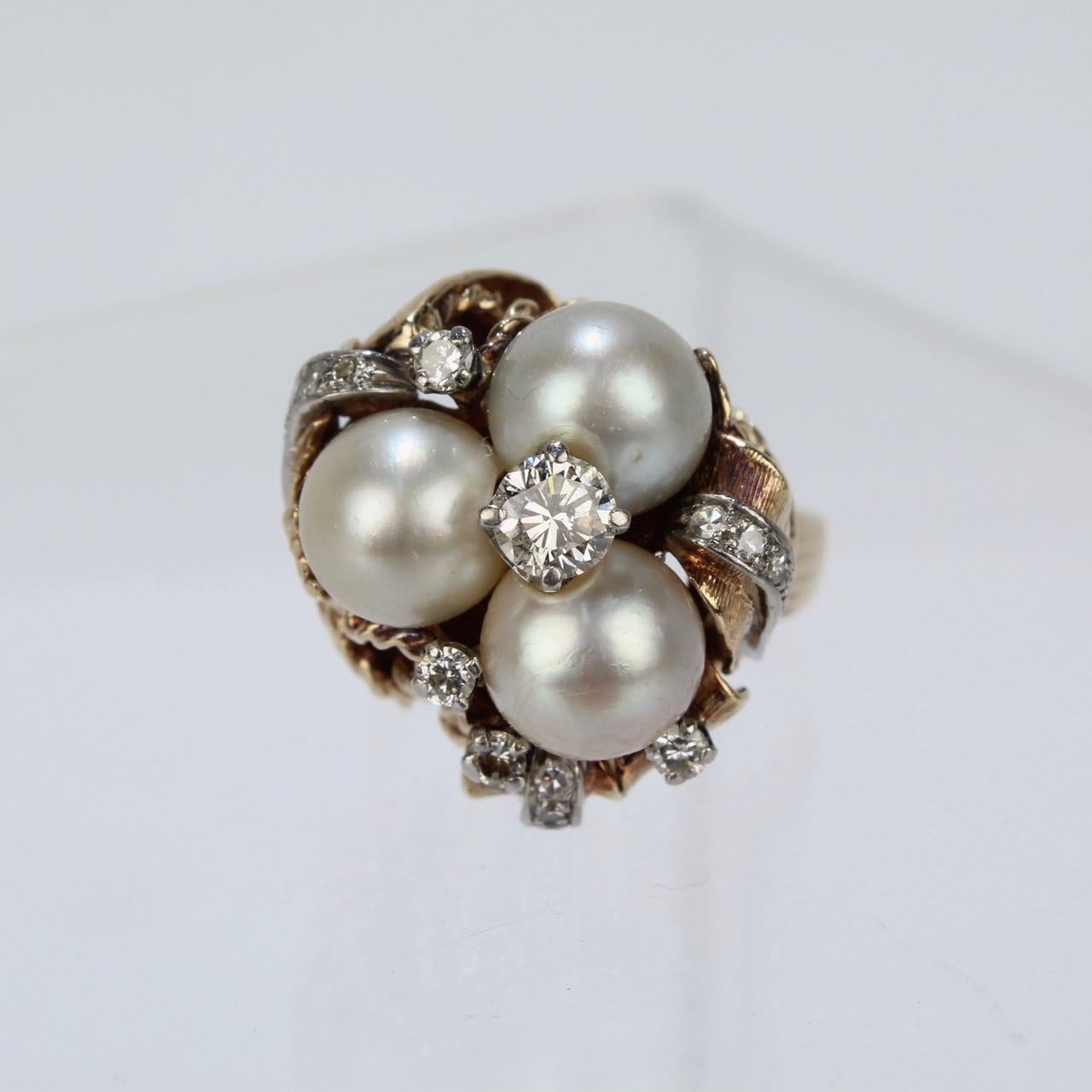 14 Karat Gold Diamond and Pearl Cluster Organic Modern Cocktail Ring 1