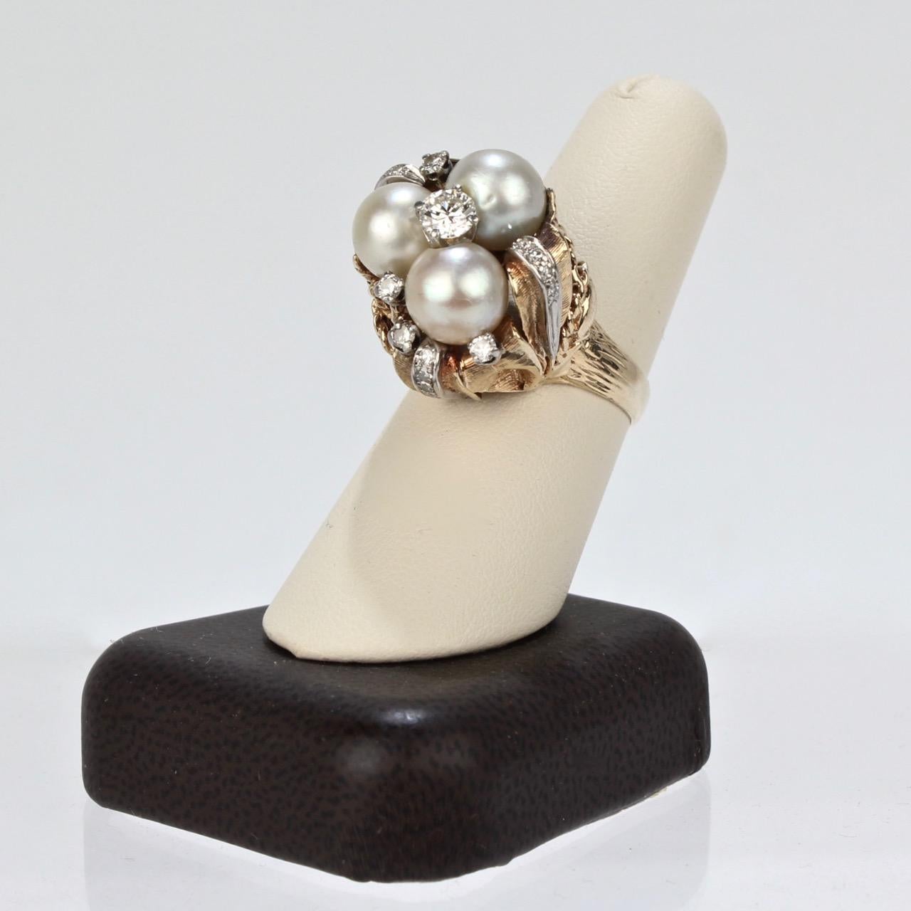 14 Karat Gold Diamond and Pearl Cluster Organic Modern Cocktail Ring 2