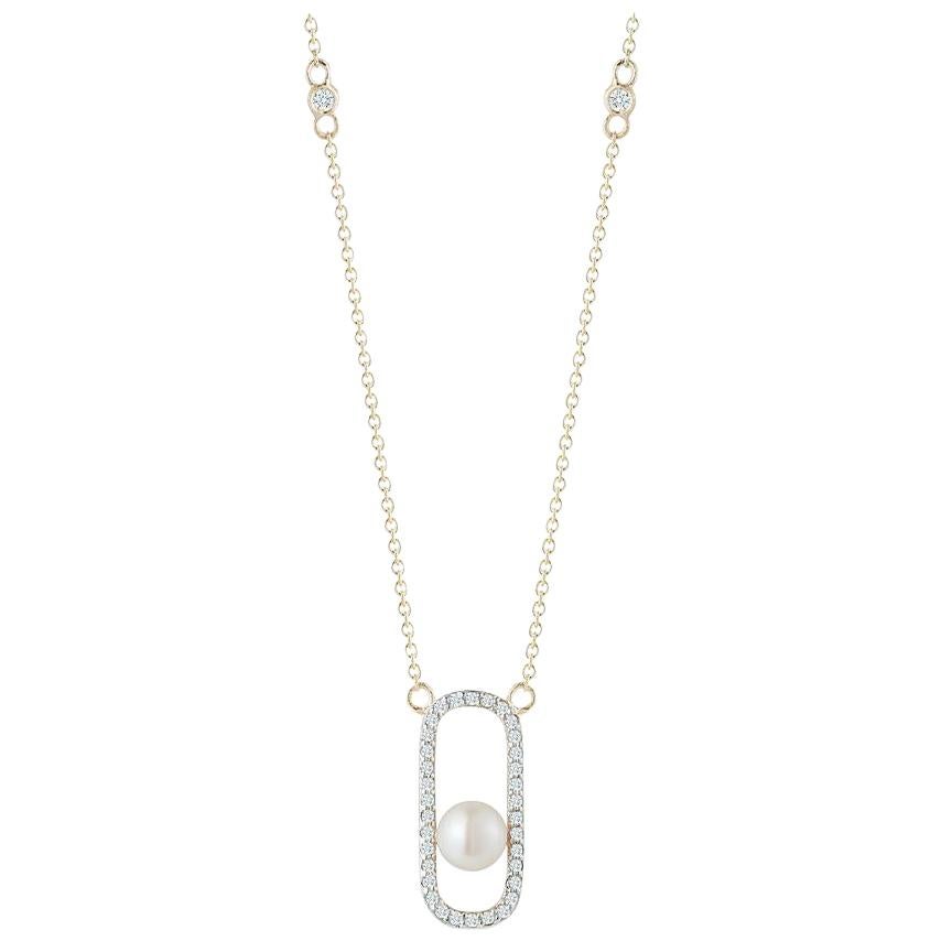 14 Karat Gold Diamond Pearl Track Necklace For Sale