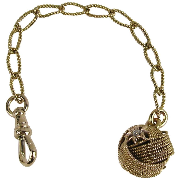 14 Karat Gold Diamond Pocket Watch Chain Fob Pendant For Sale at 1stDibs