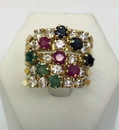 14K Yellow Gold Multi-Band Ring with Emeralds, Rubies, and Diamonds