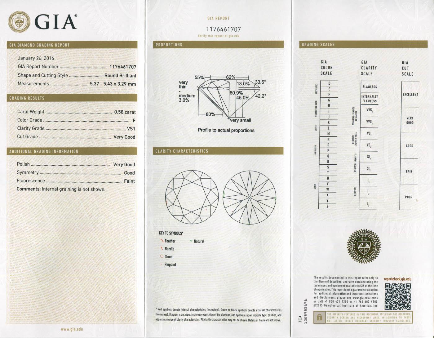 14 Karat Gold Diamantring GIA zertifiziert 0,58 Karat F Farbe VS1 Reinheit rund im Angebot 2