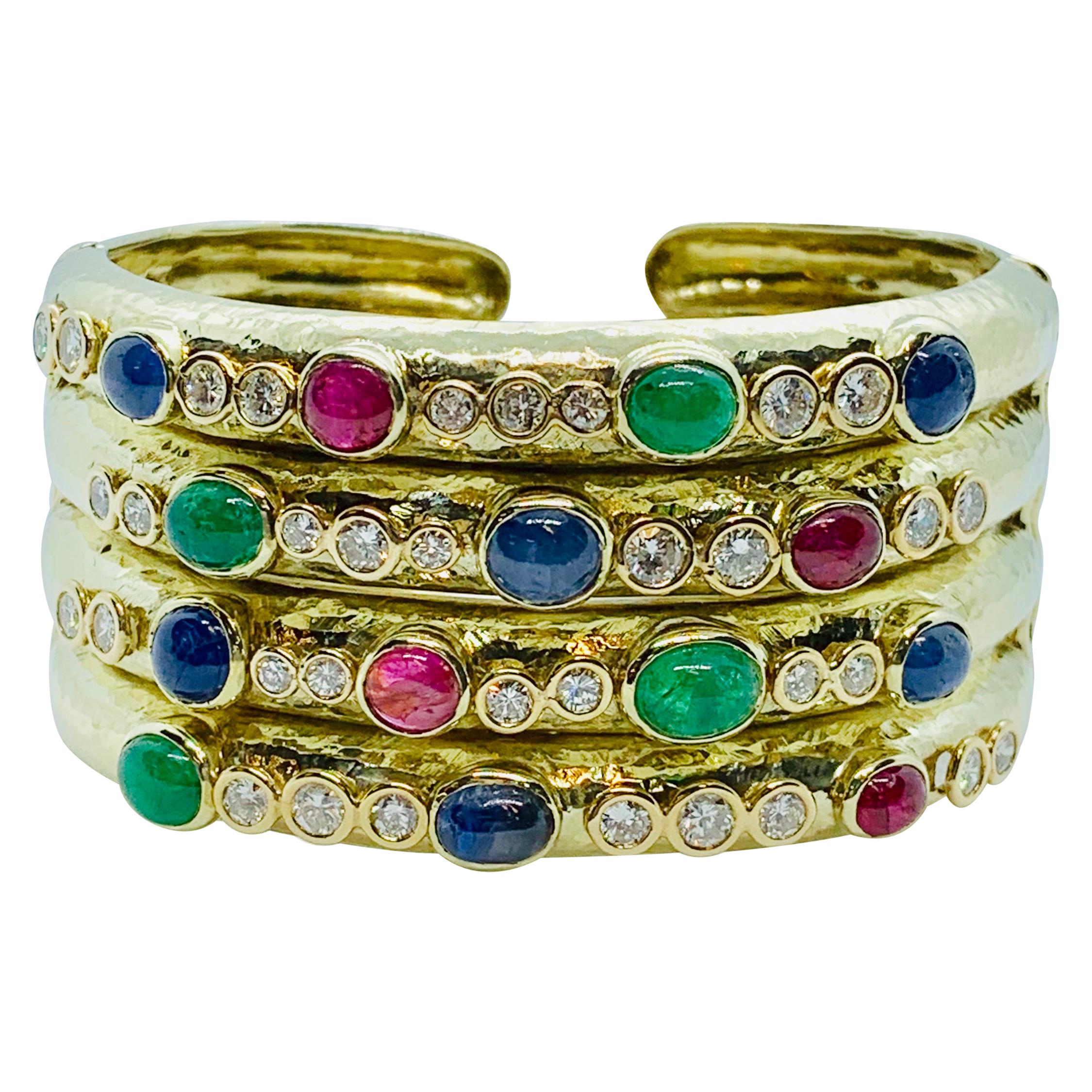 14 Karat Gold, Diamond, Sapphire, Ruby and Emerald Wide Hinged Cuff Bracelet