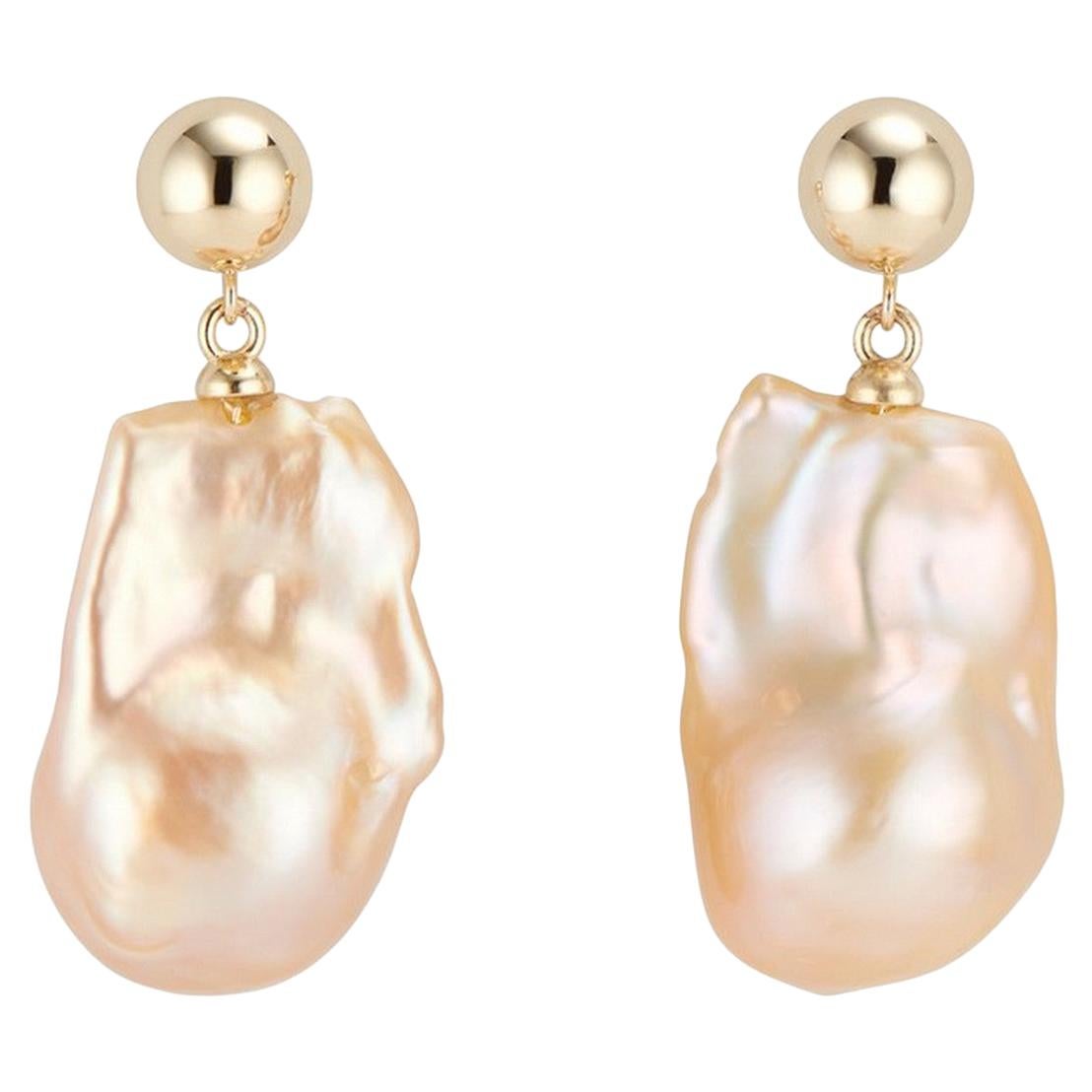 14 Karat Gold Double Bubble Baroque Pearl Earrings For Sale