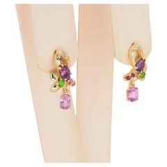 14 Karat Gold Earrings Studs with Sapphires and Multicolored Gemstones