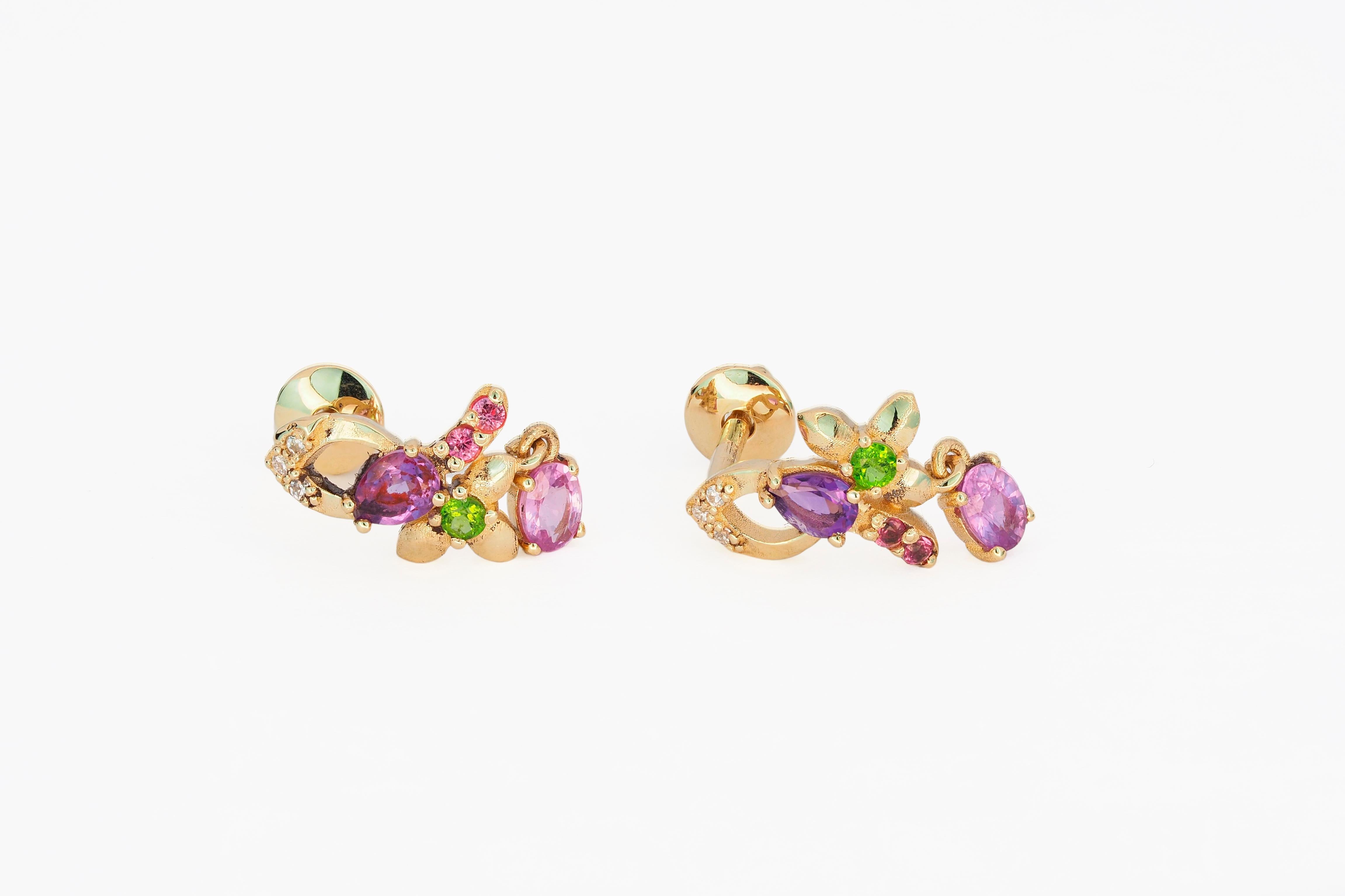 Pear Cut 14 Karat Gold Earrings Studs with Sapphires and Multicolores Gemstones For Sale