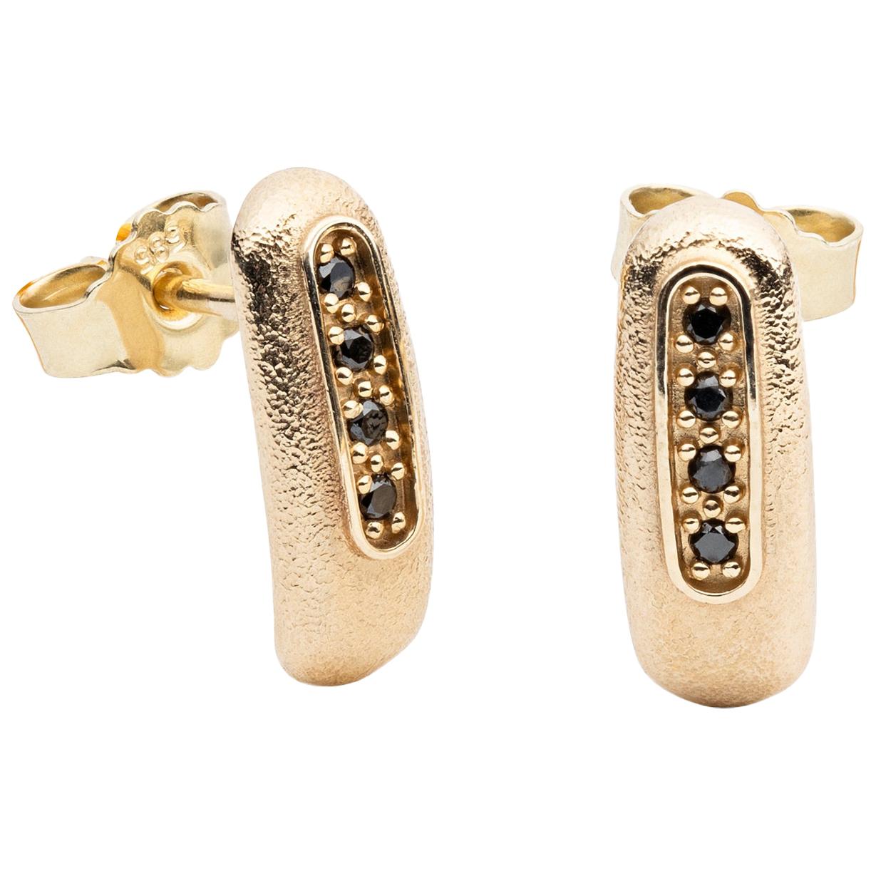 14-Karat Gold Earrings with 8 Black Diamonds For Sale