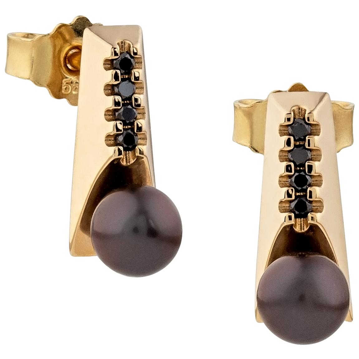 14-Karat Gold Earrings with 8 Diamonds and Black Pearls For Sale