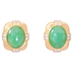 14 Karat Gold Earrings with Green Jade Cabochon and Diamonds for Pierced Ears