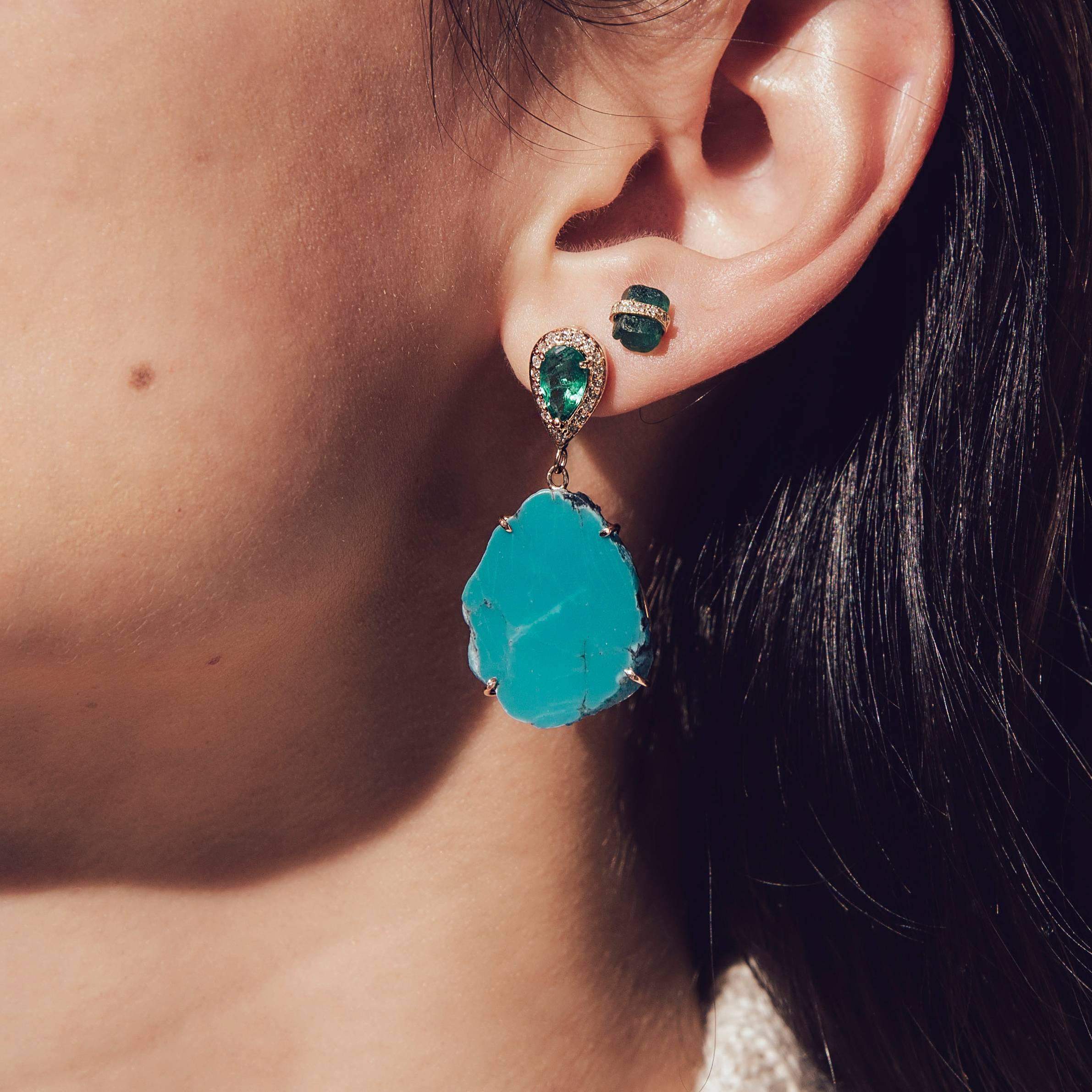 14k Gold Pave Emerald Teardrop and 1 Diamond Freeform Turquoise Slice Drop Studs. Sold as a pair. 
Due to the one-of-kind nature of the turquoise gemstone, slight variations may occur in shape and coloring. 
Both regal and raw. 