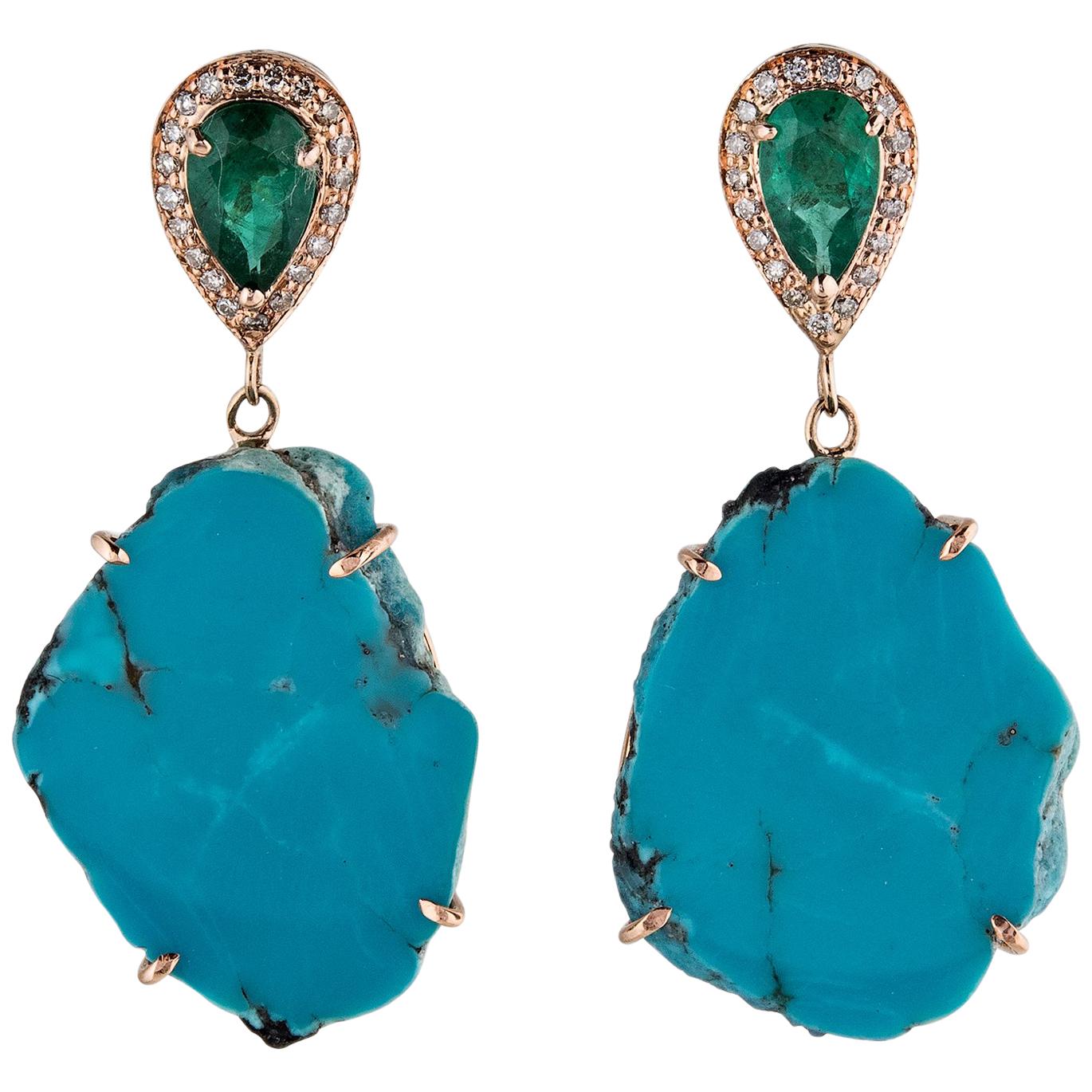 14 Karat Gold Emerald and Turquoise Slice Earrings For Sale