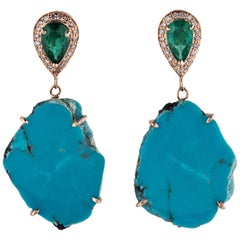 14 Karat Gold Emerald and Turquoise Slice Earrings