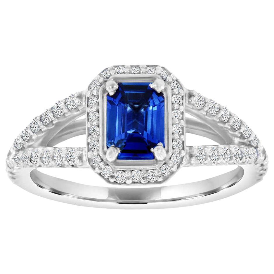14 Karat Gold Emerald Shape Blue Sapphire Halo Diamond Ring 'Center 0.82 Carat' For Sale
