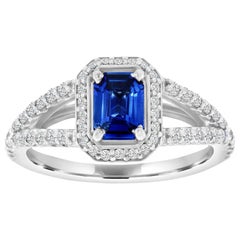 14 Karat Gold Emerald Shape Blue Sapphire Halo Diamond Ring 'Center 0.82 Carat'