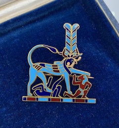 14 Karat Gold Enamel Egyptian Revival Brooch Heremakhet Horus Hieracosphinx