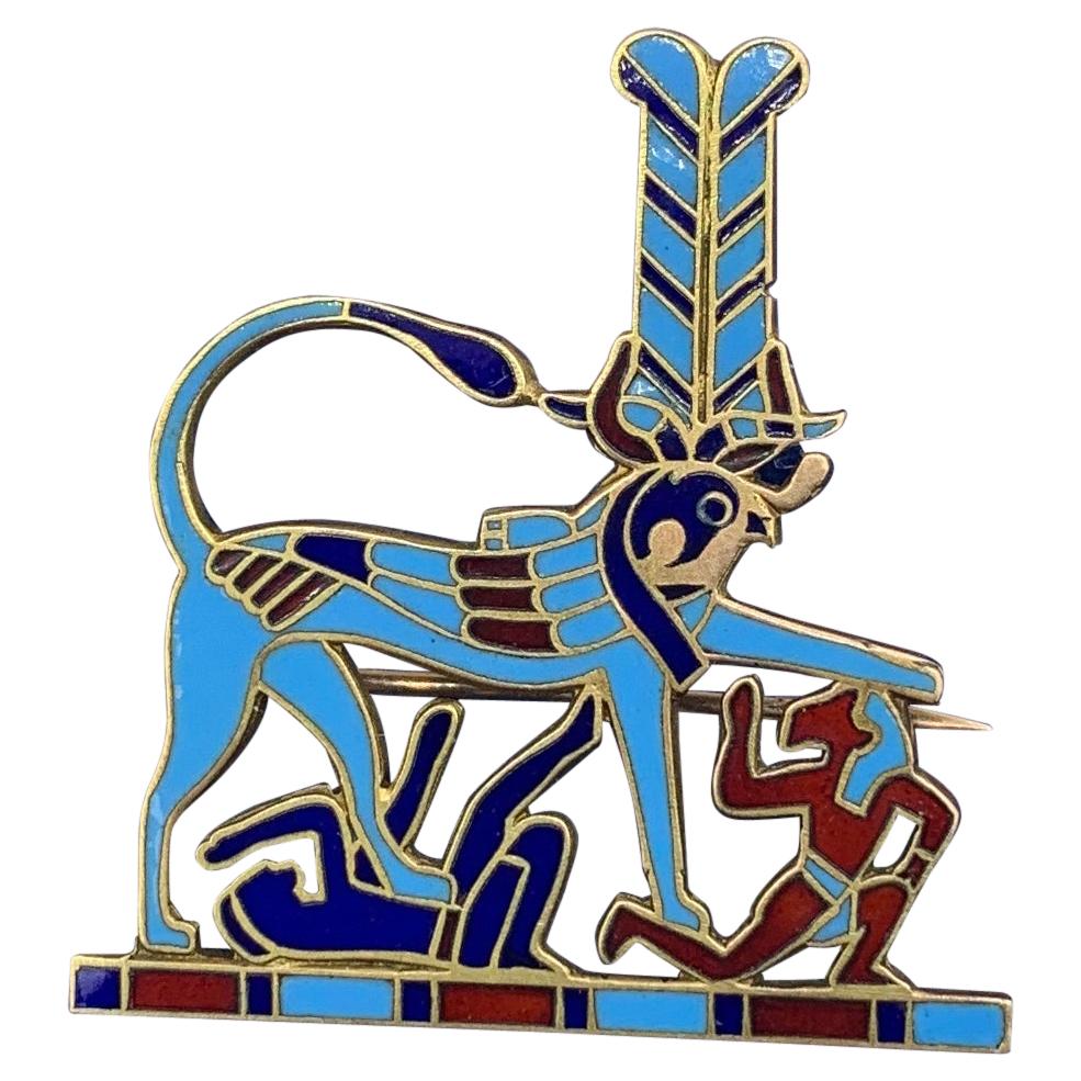 14 Karat Gold Enamel Egyptian Revival Brooch Heremakhet Horus Hieracosphinx