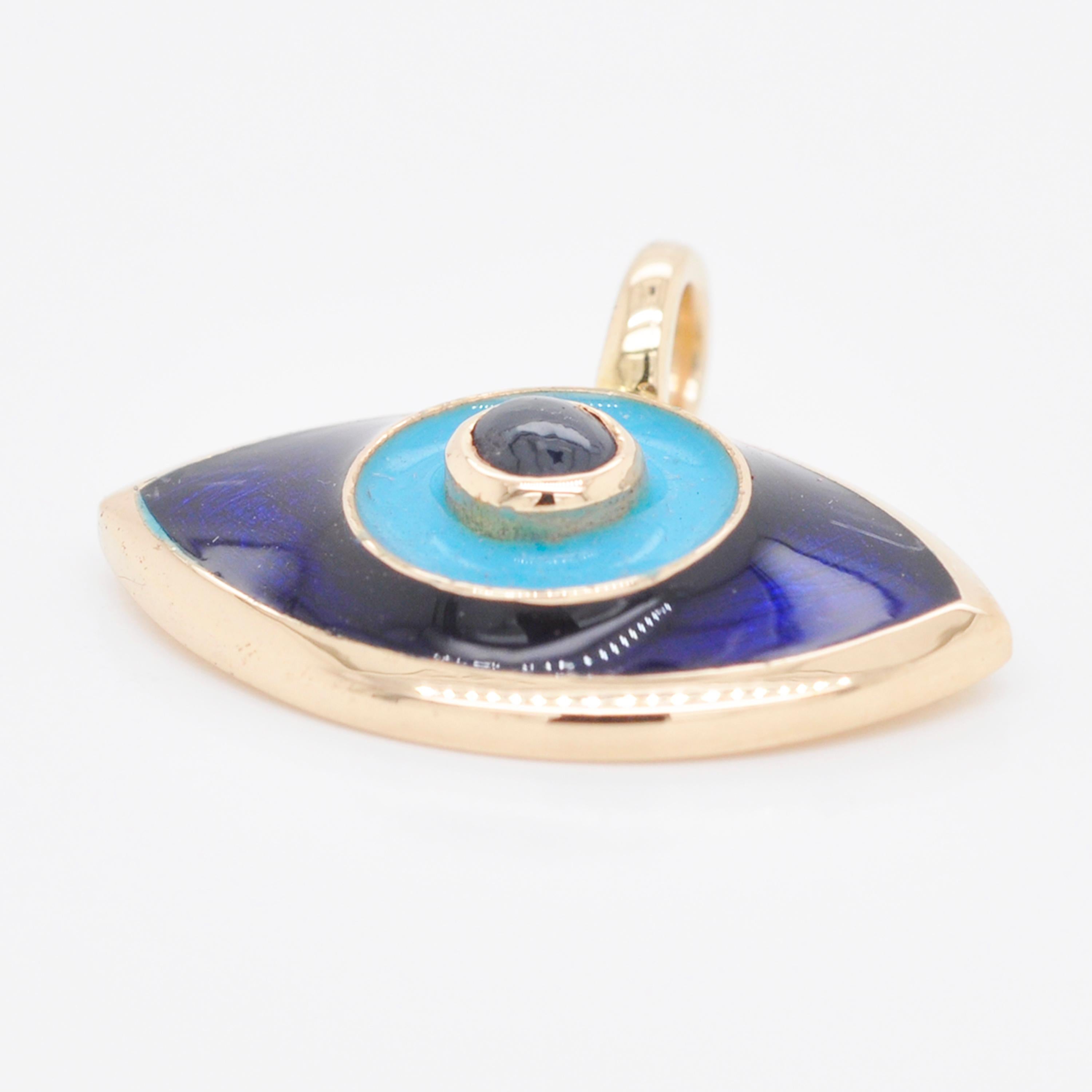 Round Cut 14 Karat Gold Evil Eye Turquoise Enamel Blue Sapphire Pendant Necklace