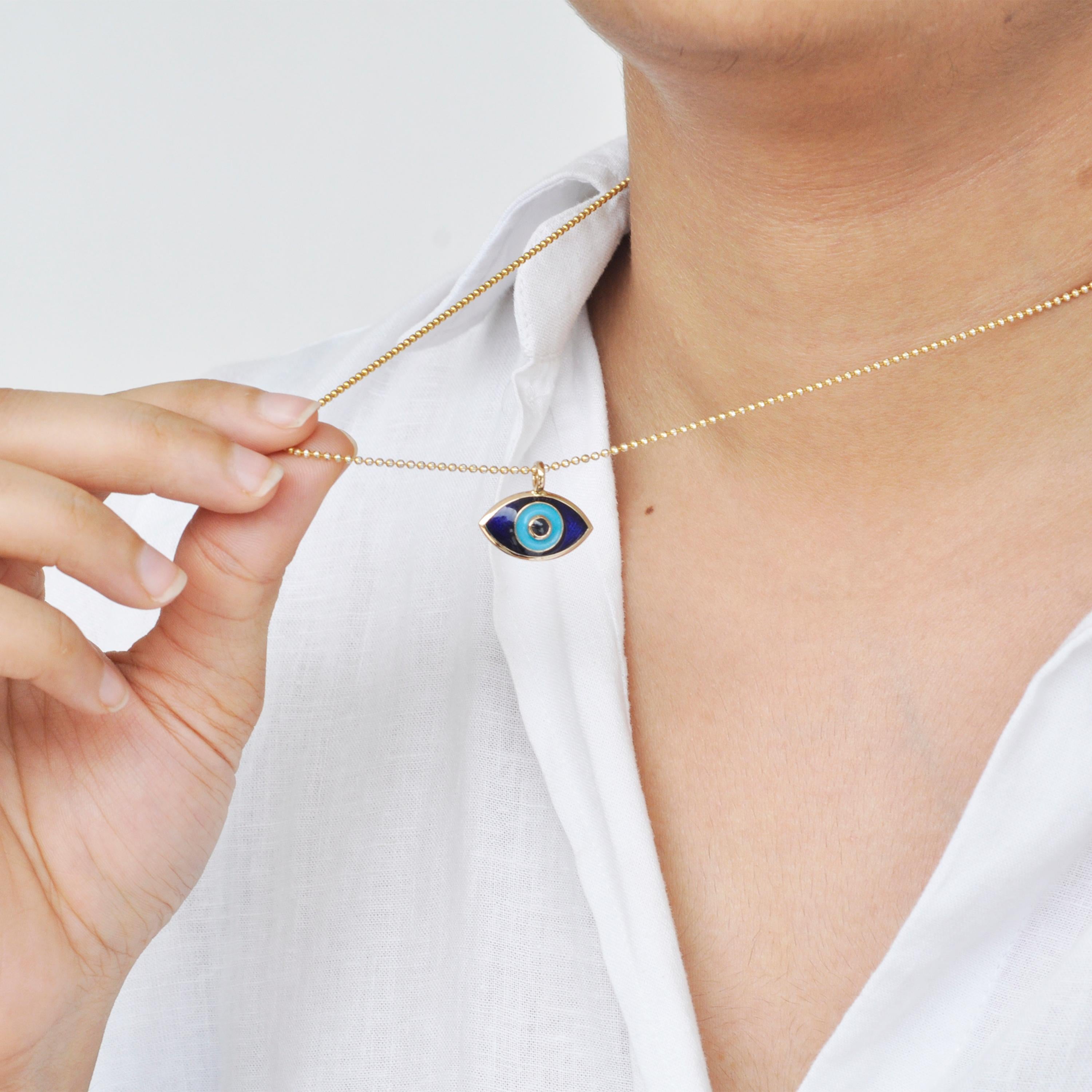 14 Karat Gold Evil Eye Turquoise Enamel Blue Sapphire Pendant Necklace 2