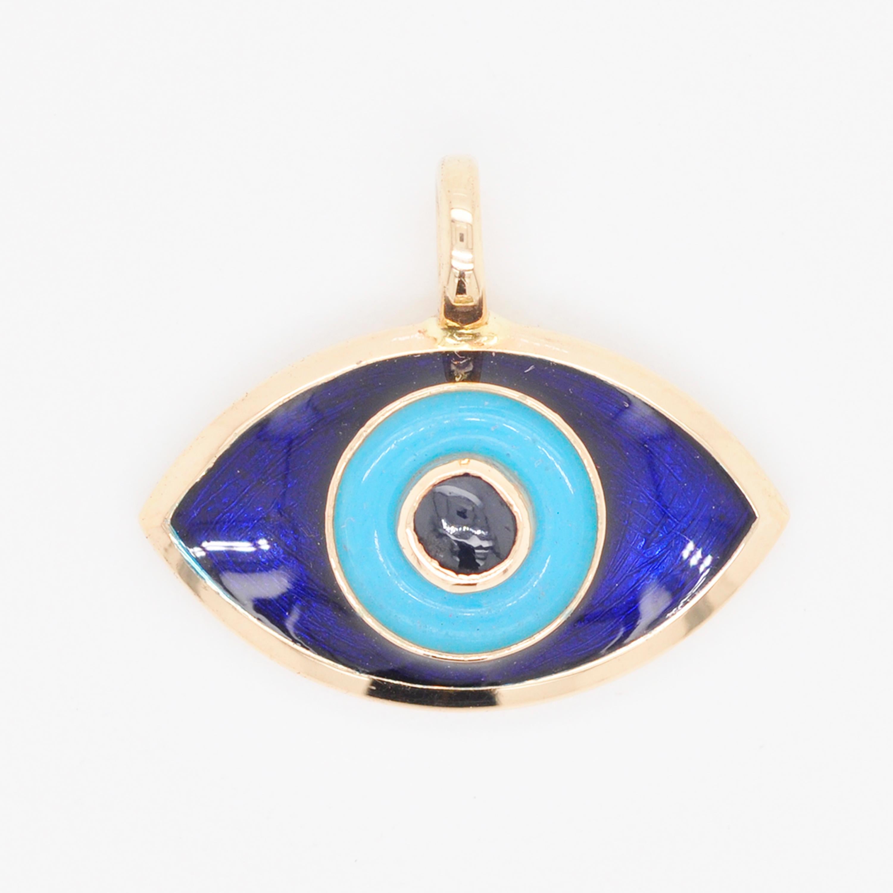 Contemporary 14 Karat Gold Evil Eye Turquoise Enamel Blue Sapphire Pendant Necklace