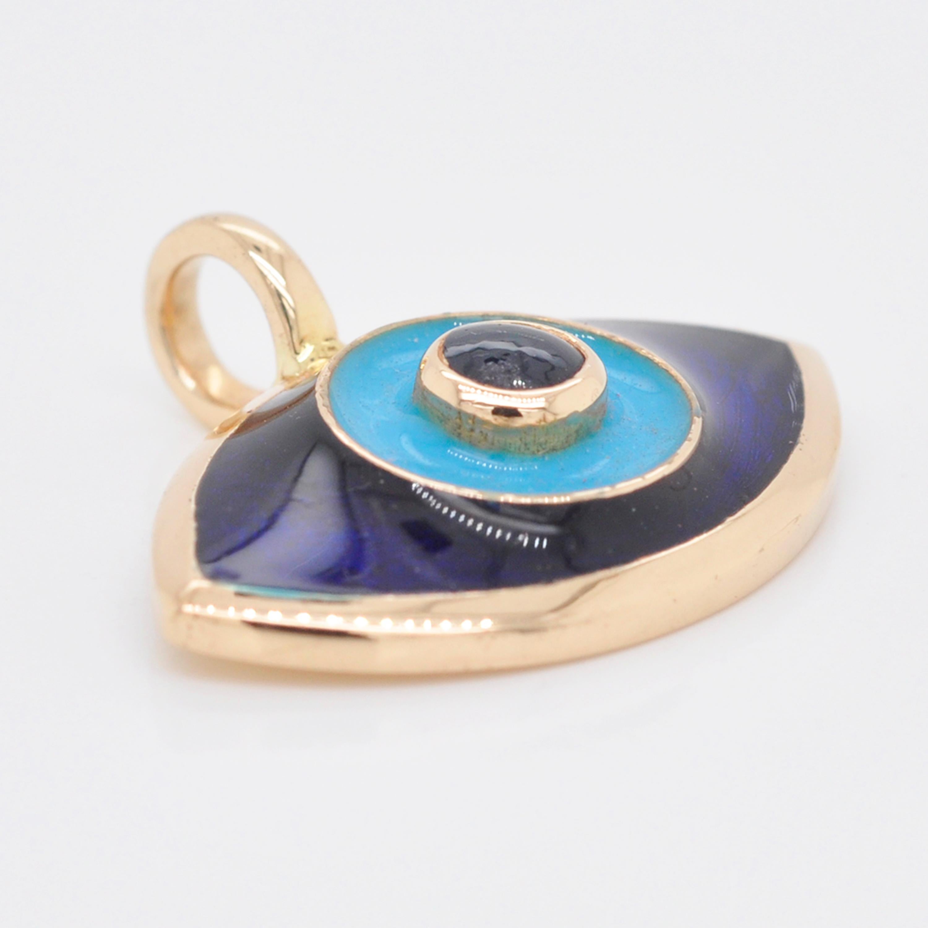 Women's or Men's 14 Karat Gold Evil Eye Turquoise Enamel Blue Sapphire Pendant Necklace