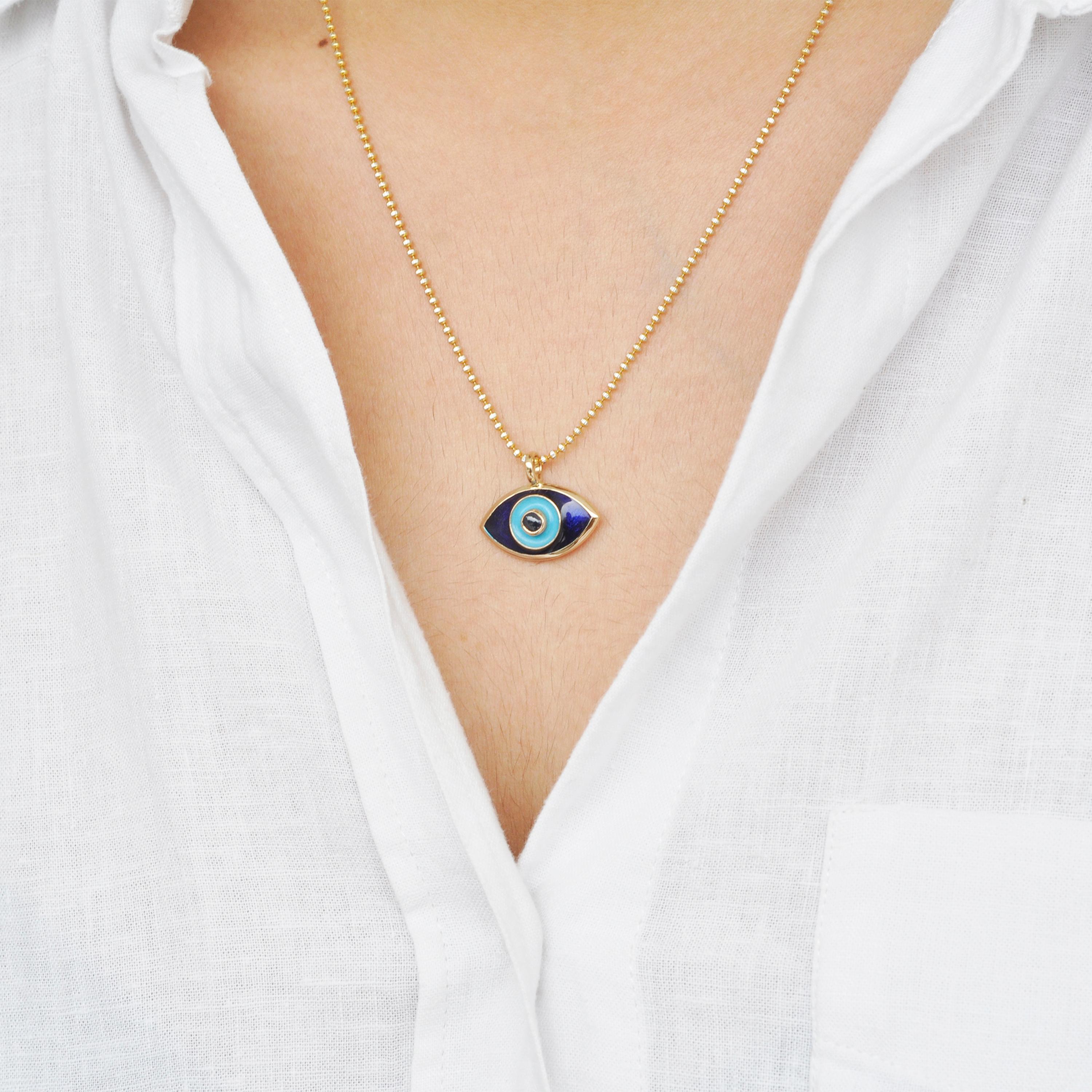 14 Karat Gold Evil Eye Turquoise Enamel Blue Sapphire Pendant Necklace 3