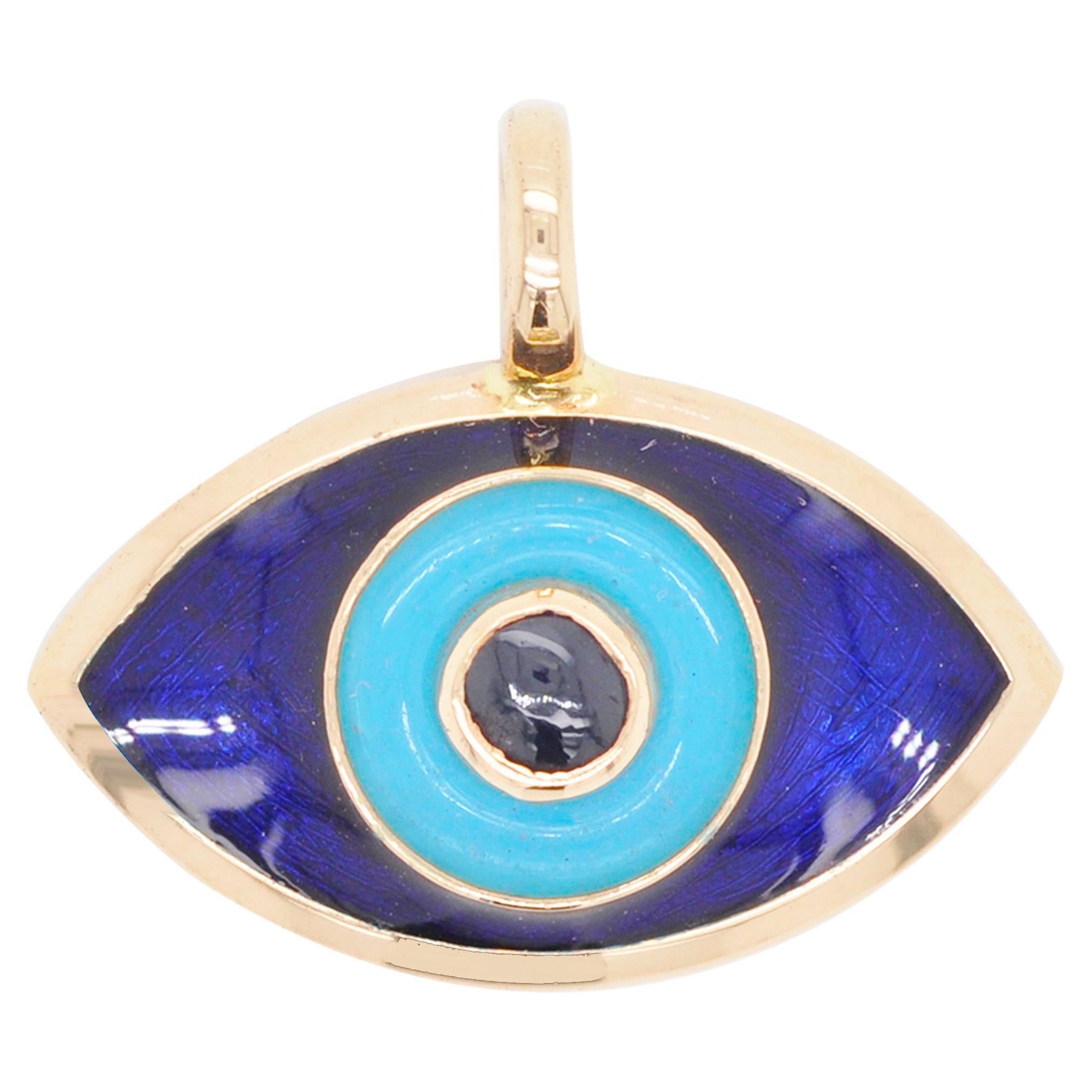 14 Karat Gold Evil Eye Turquoise Enamel Blue Sapphire Pendant Necklace