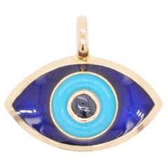 14 Karat Gold Evil Eye Blue Turquoise Enamel Blue Sapphire Pendant Necklace