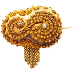 Early 20th Century 14 Karat Gold Pearl Tassel Cannetille Brooch