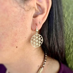 14 Karat Gold 'Flower of Life' Discs with Diamond Tops Drop Earrings