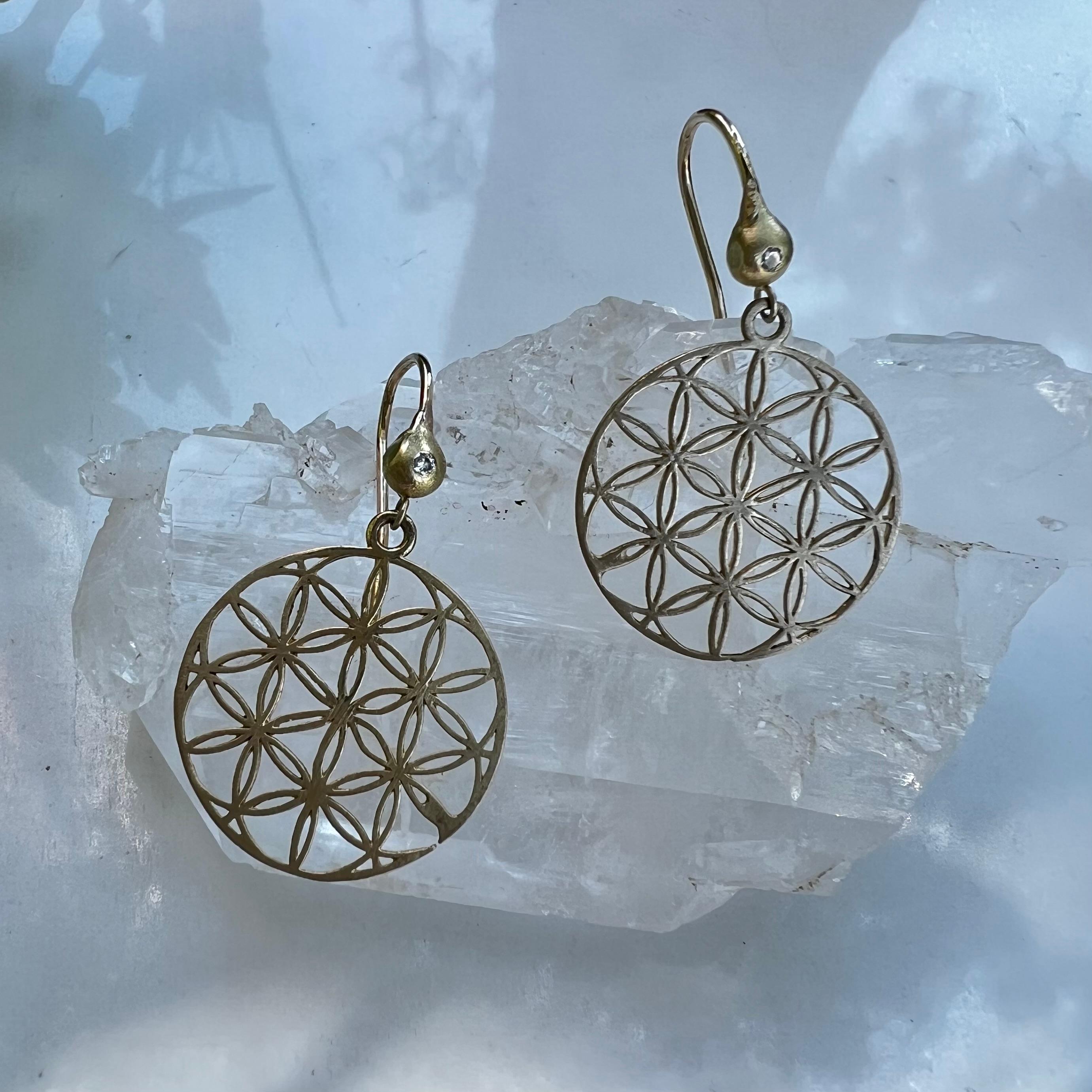 Round Cut 14 Karat Gold 'Flower of Life' Discs with Diamond Tops Drop Earrings For Sale